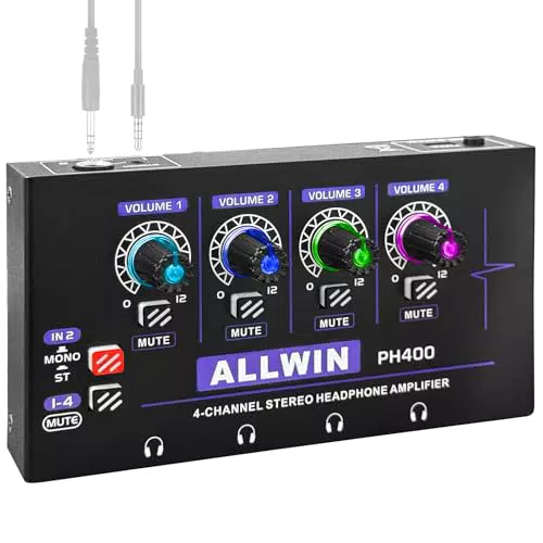 ALLWIN Amplificatore per Cuffie Professionale 4 Canali Audio Mono/Stereo