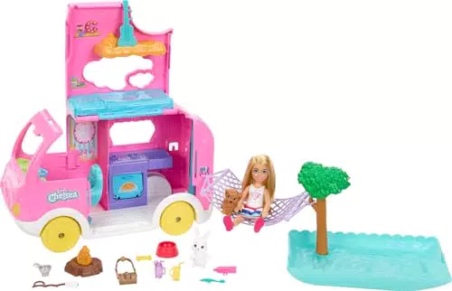 Barbie Camper di Chelsea 2 in 1 con Veicolo Trasformabile e Mini Bambola