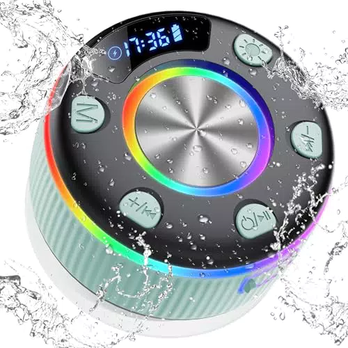 Cassa Doccia Bluetooth 5.3 Impermeabile con Luce RGB e Chiamata Senza Mani