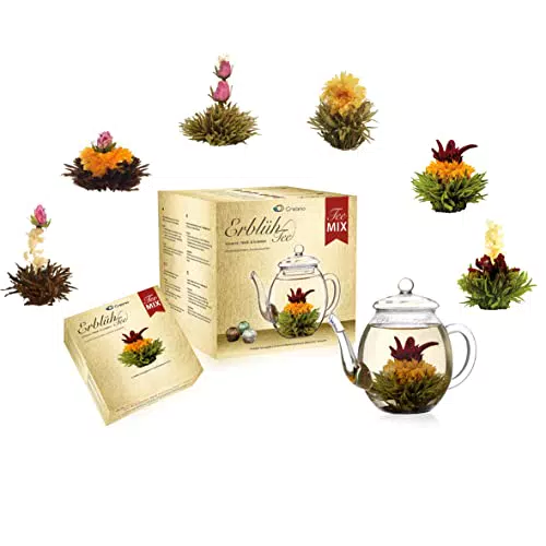 Creano Set Regalo di Fiori di Tè con Teiera in Vetro - 6 Varietà di Tè