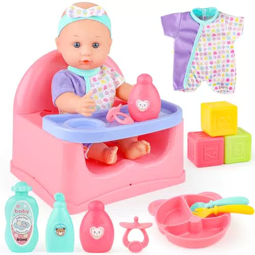 deAO Set di Accessori per Bambole - Seggiolino, Bagno e Vestiti per Gioco di Ruolo