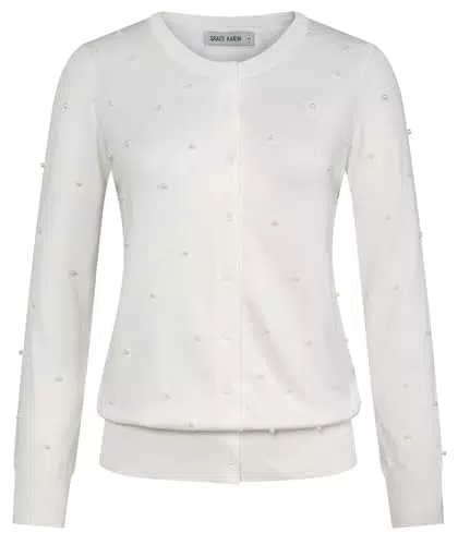 Grace Karin Cardigan Elegante da Donna con Perle e Bottoni a Maniche Lunghe