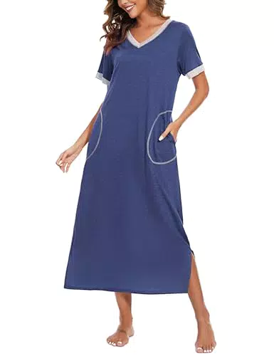 Jezonga Camicia da Notte Donna Lunga Estiva in Cotone con Maniche Corte e Tasche