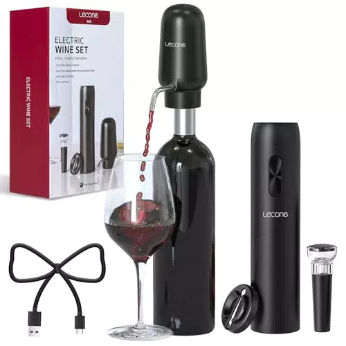 Lecone Apribottiglie Elettrico 4 in 1 con Cavatappi, Versatore e Tappo Sottovuoto