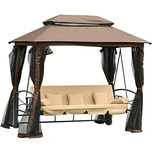 Outsunny Dondolo da Giardino Convertibile in Lettino con Gazebo e Zanzariera