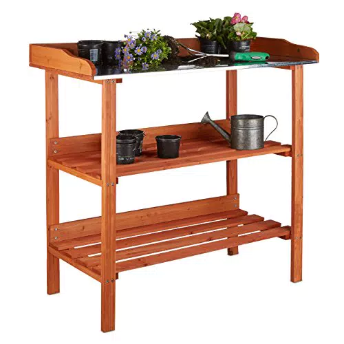 Relaxdays Tavolo da Giardinaggio in Legno con Ripiani e Piano di Lavoro in Metallo