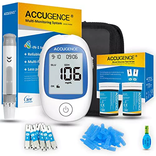 AccuGence Glucometro Multifunzione per Diabete - Test Kit Glicemia, Acido Urico, Chetone