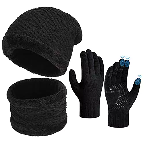 Cappello Sciarpa Guanti Invernale Set - Uomo Donna 3 Pezzi Touch Screen Unisex Beanie Cappelli Fodera Pile Berretto Cappellino in Maglia per Outdoor Sport Running Bici Mtb Corsa Trekking Sci Moto