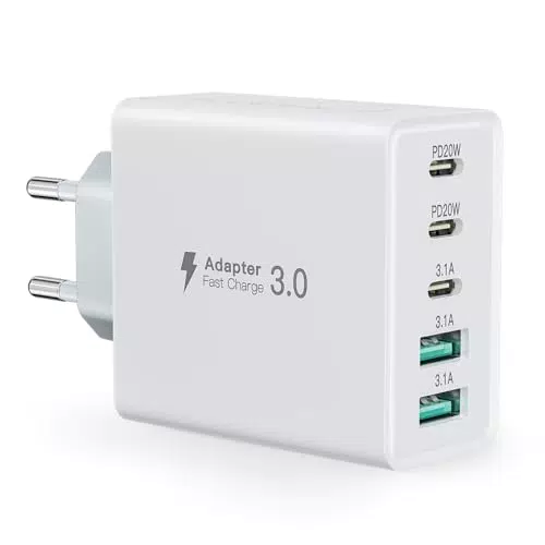 Caricatore USB C 50W 5 porte rapido per iPhone 15 e Samsung S23/S22/S21