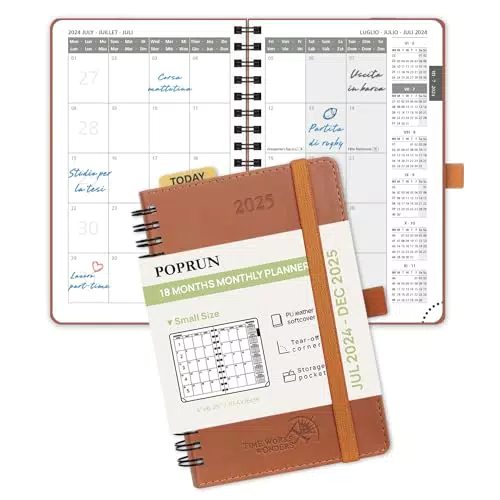 POPRUN Agenda 2025 Mensile Tascabile Spirale Planner 18 Mesi con Righello Segnalibro