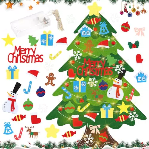 RISVOWO Albero di Natale in Feltro DIY con Ornamenti e Luci per Bambini