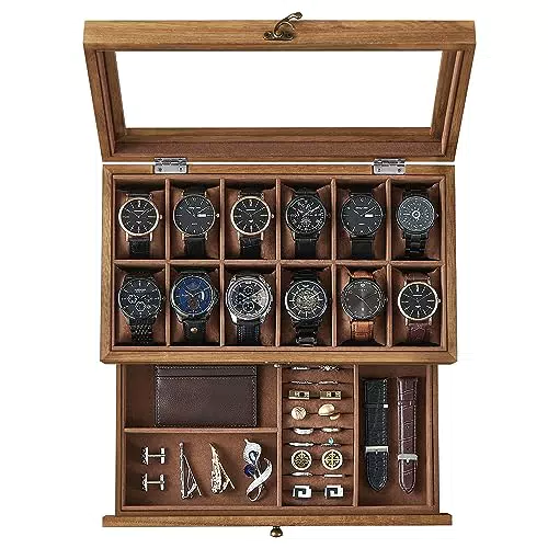 SONGMICS Porta Orologi a 2 Livelli con Coperchio in Vetro e Fodera in Velluto