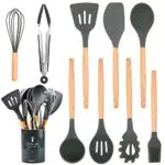 Xiumeso Utensili da Cucina in Silicone con Manico in Legno, Set Antiaderente