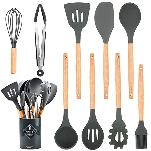 Xiumeso Utensili da Cucina in Silicone con Manico in Legno, Set Antiaderente