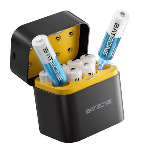 BATZONE Batterie Ricaricabili AA 1,5V con Caricabatterie 8 Slot e 1600+Tech
