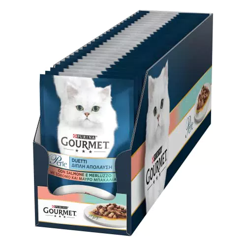 GOURMET Perle Duetti Cibo Umido per Gatti Adulti con Salmone e Merluzzo