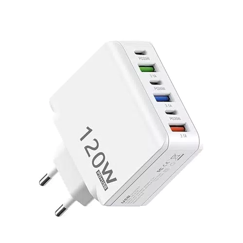 Caricatore a muro USB 120W con 6 porte, ricarica rapida USB-A e USB-C