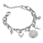 Flongo Bracciale da Donna con Ciondolo Cuore e Croce in Acciaio Inossidabile