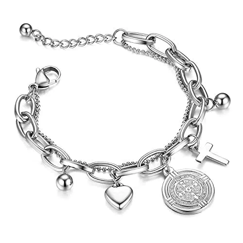 Flongo Bracciale da Donna con Ciondolo Cuore e Croce in Acciaio Inossidabile
