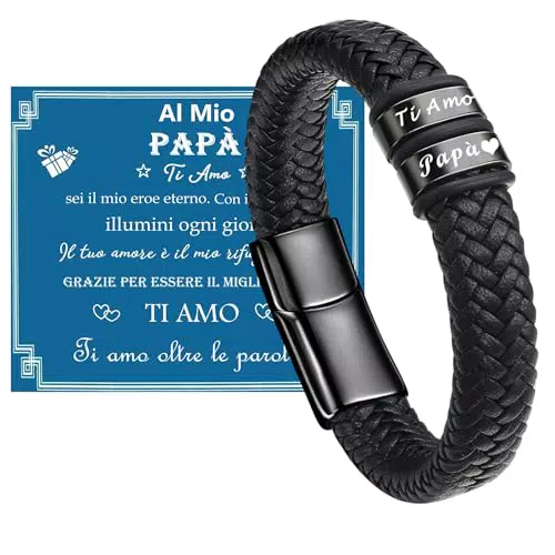 Gkmamrg Bracciale in Vera Pelle con Incisione "Ti Amo Papà" - Regalo Festa del Papà
