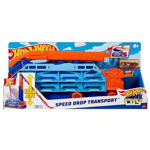 Hot Wheels Autotrasportatore a Caduta Libera con Pista Discesa 60 cm, 4+ Anni