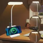 Lampada da scrivania LED ricaricabile con supporto per telefono e penna dimmerabile