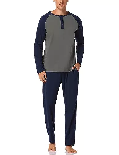 Migcaput Pigiama Lungo da Uomo in Cotone Comodo con Tasche e Bottoni