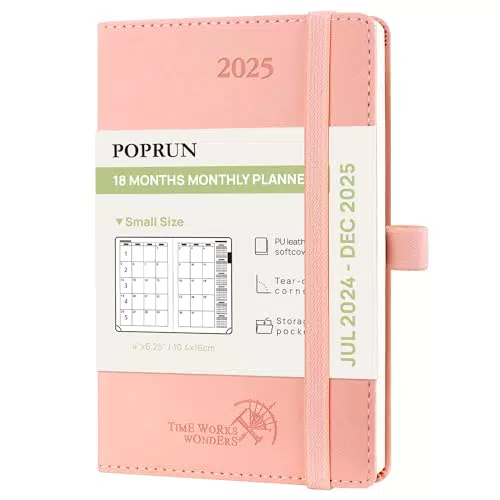 POPRUN Agenda Mensile Tascabile 2025 Planner Scuola 18 Mesi Copertina in Pelle Vegana