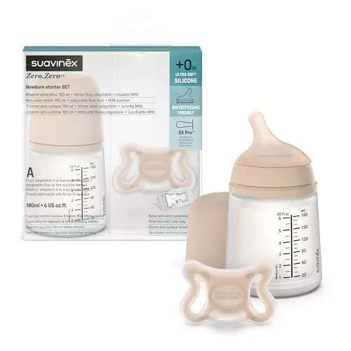 Suavinex Biberon Anti-Coliche con Tettarella a Flusso Adattabile e Ciuccio Zero Zero