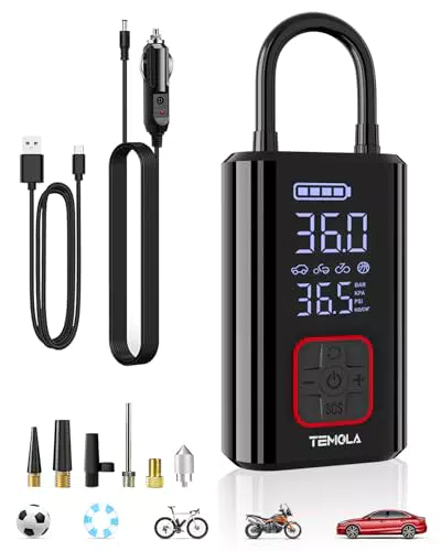 TEMOLA Compressore Aria Portatile Senza Fili con Luce LED e Manometro