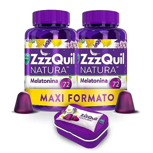 ZzzQuil Natura Integratore con Melatonina pura ed Estratti Di Valeriana, Maxi Formato Frutti Di Bosco 2x72 Gommose + Travel Case Viola