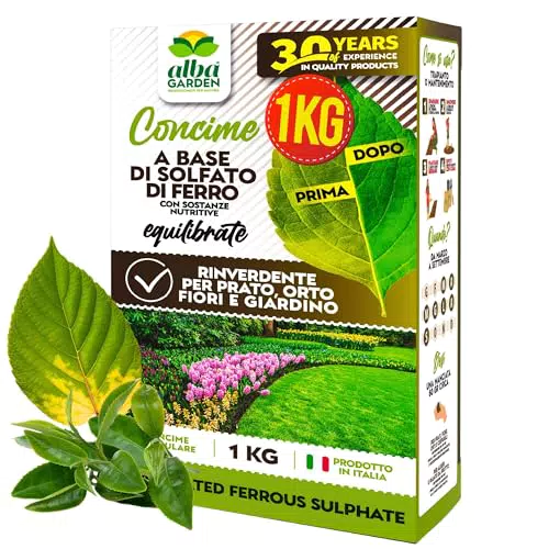 Albagarden - Solfato Di Ferro Granulare - ELIMINA MUSCHIO - Concime RINVERDENTE Antimuaschio Fogliare E Acidificante Della Terra - Per Prato e per tutte le Piante x 1 kg