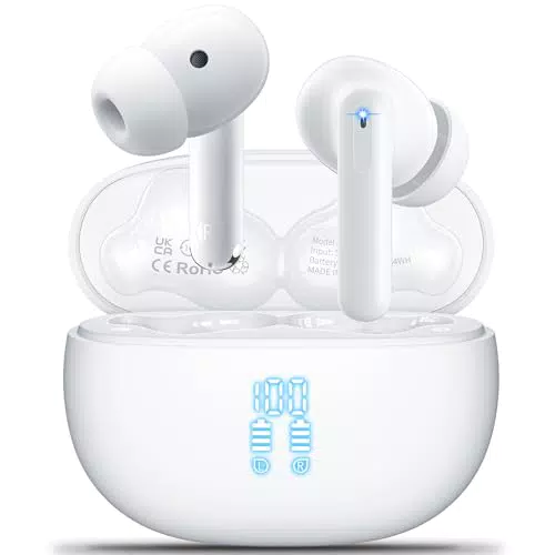 Aoslen Cuffie Bluetooth, Auricolari Bluetooth 5.3 con 4 Mic ENC Cancellazione Rumore Cuffiette Wireless In Ear HiFi Stereo 42Ore LED Display IPX7 Impermeabili Bianco