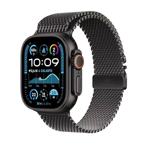 Apple Watch Ultra 2 GPS + Cellular 49 mm Sportwatch con robusta cassa in titanio Nero e Loop in maglia milanese Nero - Large. Fitness tracker