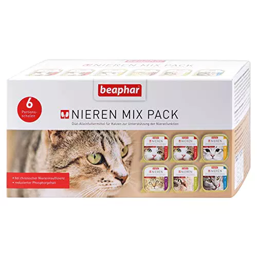 beaphar - Dieta renale Mix Pack per Gatti - Alimenti dietetici - Ridotto Contenuto di fosforo - con prezioso Olio di Salmone - Supporta la Funzione renale - Cibo Delicato per buongustai - 6 Ciotole