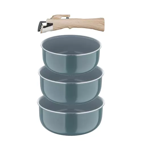 BERGNER CLICK&COOK - Set 4 pezzi pentole in alluminio pressato riciclato con manico staccabile - Rivestimento PPG Fusion - Verde - Compatibile con l'induzione