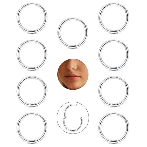 CASSIECA 9pcs 16G Piercing Naso Anello Septum Nostril Piercing Cerchio Clicker 316L Acciaio Chirurgico Labbro Anelli Argento Cartilagine Orecchini Segmento Helix Trago Conch Piercing 10mm