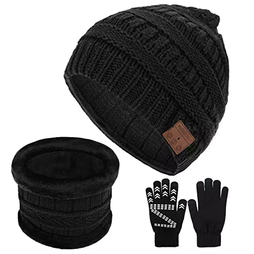 CestMall Cappello a cuffia Bluetooth V5.0, 3 in 1 Cappello Musicale Bluetooth Set con Guanti e Sciarpa Antiscivolo