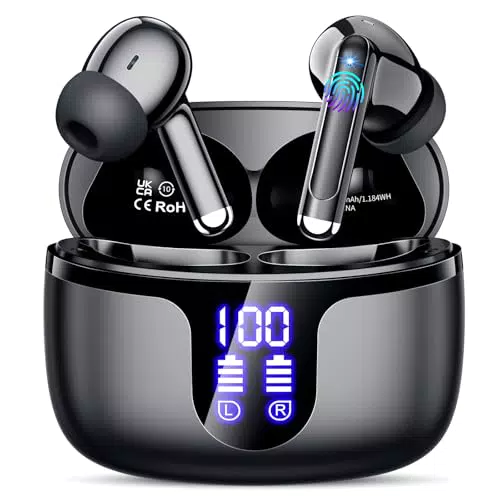 Cuffie Bluetooth, Auricolari Bluetooth HiFi Stereo 5.3 con 4 HD Mic 42H Autonomia Mini Cuffiette Wireless Sport ENC Cancellazione Rumore LED Display Touch Control IP7 Impermeabili