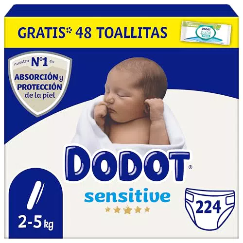 Dodot Pannolini per bambini Sensitive taglia 1, 224 pannolini + 1 confezione da 40 salviettine gratis Aqua Plastic Free
