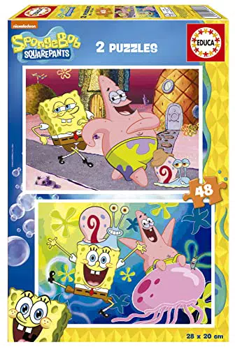 Educa - Puzzle Bob Euponja, Set Di 2 Enigmi Con 48 Pezzi Ciascuno Composto Da Pezzi Di Grandi Dimensioni