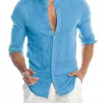 Evoga Camicia Uomo di Lino Manica Lunga Slim Fit Casual Estiva Coreana Traspirante