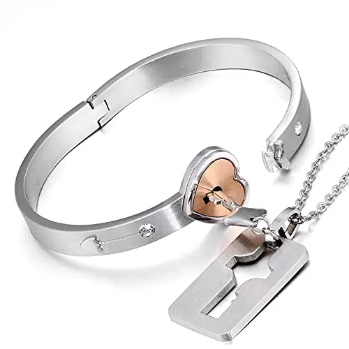 Flongo Bracciale Collana da Coppia 2 Pezzi Acciaio Inossidabile Cuore Chiave San Valentino Regalo