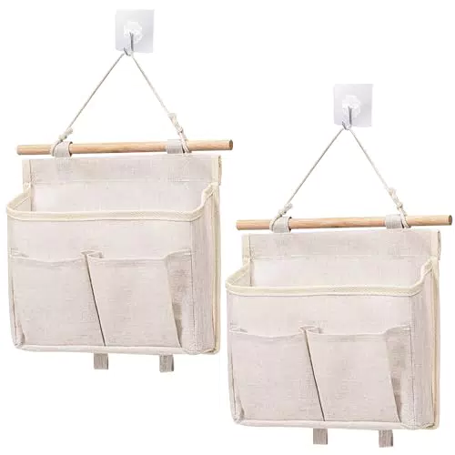 Generico 2 Borse di Stoccaggio Beige da Parete Con Ganci Adesivi - Tessuto Lino/Cotone per Bagno