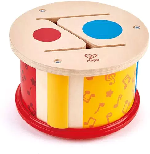 Hape Tamburo a due facce con bacchetta in legno, Diverse modalità di uso per esplorare suoni e musica dai 12 mesi