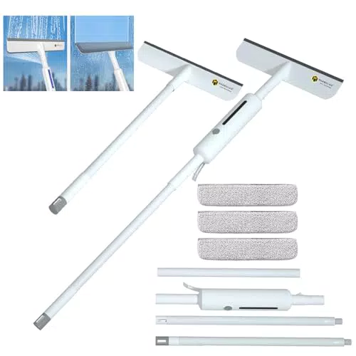 HUABULUO Spatole Lavavetri 3 in 1 con Spray, 150cm Long Glass Window Cleaner Rod con Estensione Spray e Labbra in Gomma per Strumenti di Pulizia Alte Finestre Piastrelle Bagno Interno ed Esterno