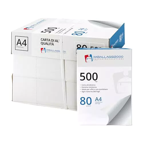 IMBALLAGGI 2000 - Risma Carta A4, 5 Pack da 500 Fogli 80 gr/mq Tot 2500 - Ideale per Rifornimento Cancelleria Ufficio