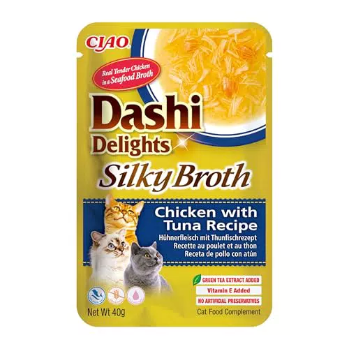 INABA Dashi Delights Silky Broth, Delicati Fiocchi in Brodo di Pollo con Tonno - Cibo Umido per Gatti