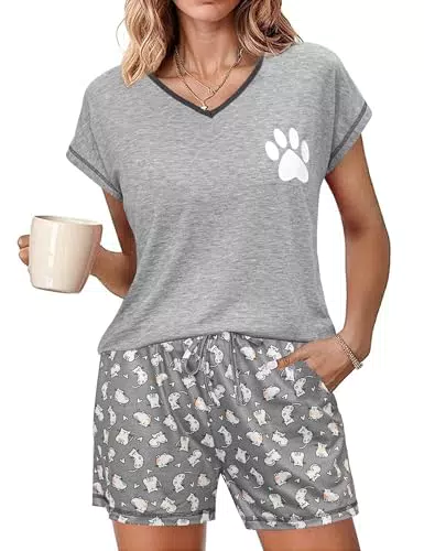 Jahetuul Pigiama Donna Corto Pigiama Estivo da Donna Pigiama per Donne Notte Carino con Gatto Abbigliamento Pigiama Corto Pantaloncini Maniche Corte