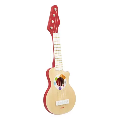 Janod - Chitarra Rock in Legno Confetti - Giocattolo Musicale di Imitazione - 4 Corde in Plastica + 4 Corde di Ricambio - Dai 3 Anni